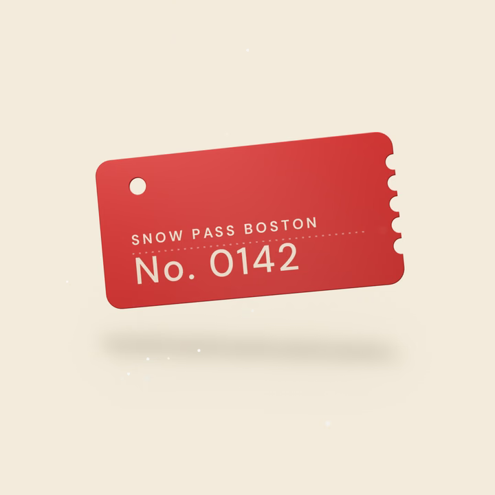 A red Snow Pass Boston ticket numbered 0142, floating in falling snow.